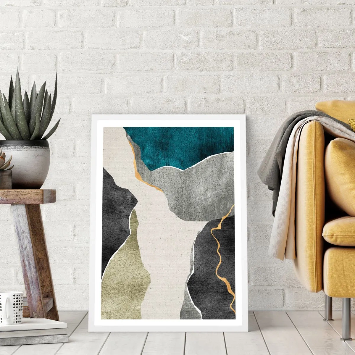 Poster in cornice bianca - Composizione mosaico con filo d'oro - 50x70 cm
