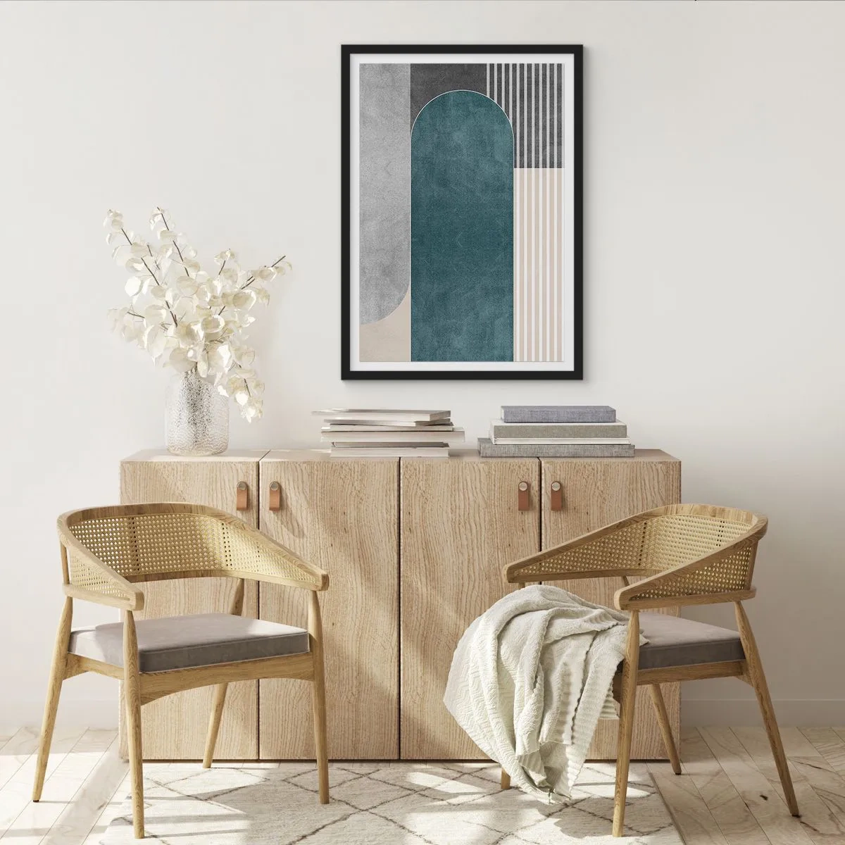 Poster in cornice nera - Composizione geometrica nei toni del verde e del grigio - 50x70cm - Composizione orizzontale  - Decorazione murale moderna per soggiorno e camera da letto ARTTOR