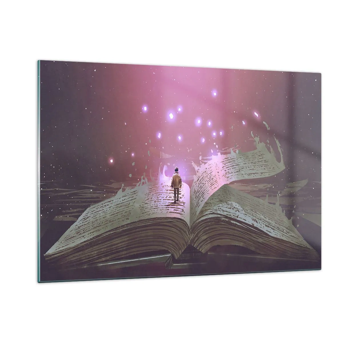 Quadro su vetro - Un libro aperto da cui fluttuano luci e stelle magiche - 120x80cm - Invito ad un altro mondo: leggi! - Decorazione murale moderna per soggiorno e camera da letto ARTTOR
