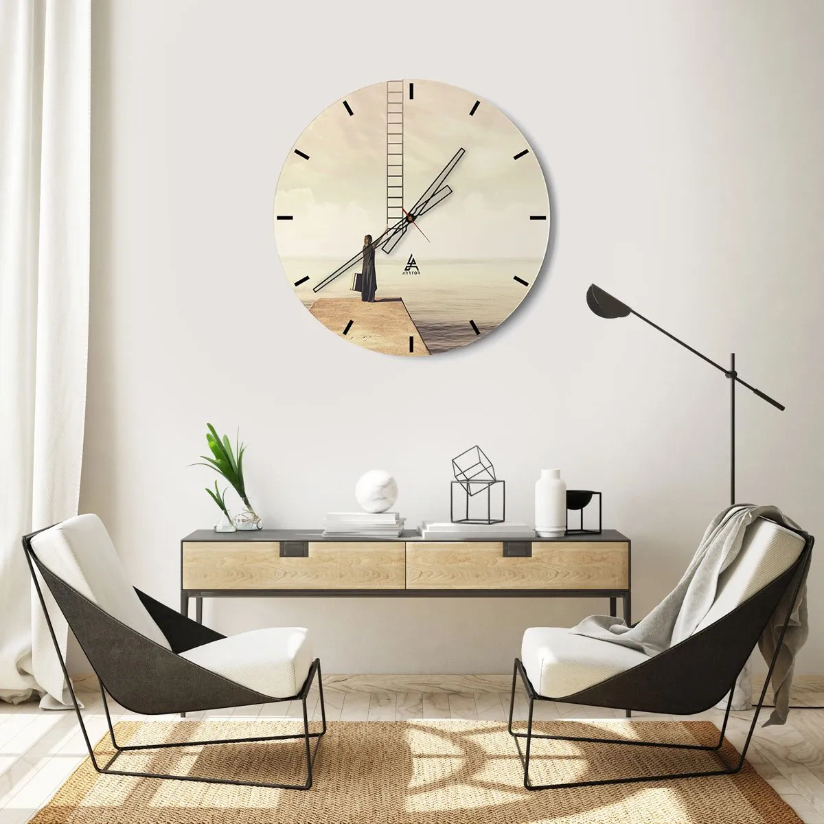 Orologio da parete - Orologio in Vetro - Una donna su un molo indica una scala che porta al paradiso. - 30x30cm - Viaggio magico - Decorazione murale moderna per soggiorno, cucina e camera da letto ARTTOR