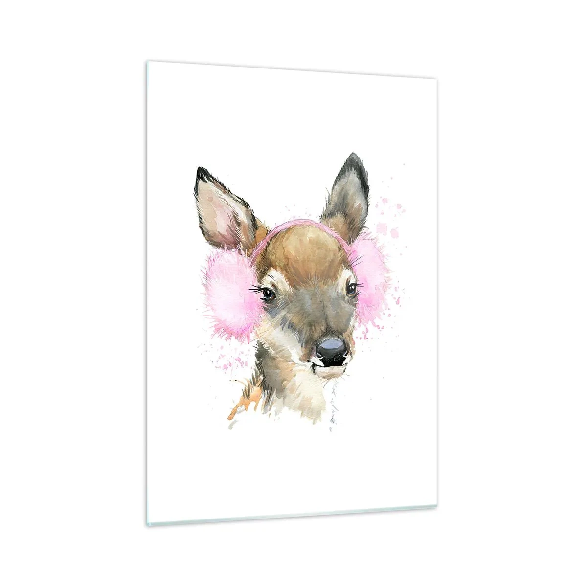 Quadro su vetro - Un cervo con paraorecchie di pelliccia rosa - 50x70cm - E il gelo non mette più paura - Decorazione murale moderna per soggiorno e camera da letto ARTTOR