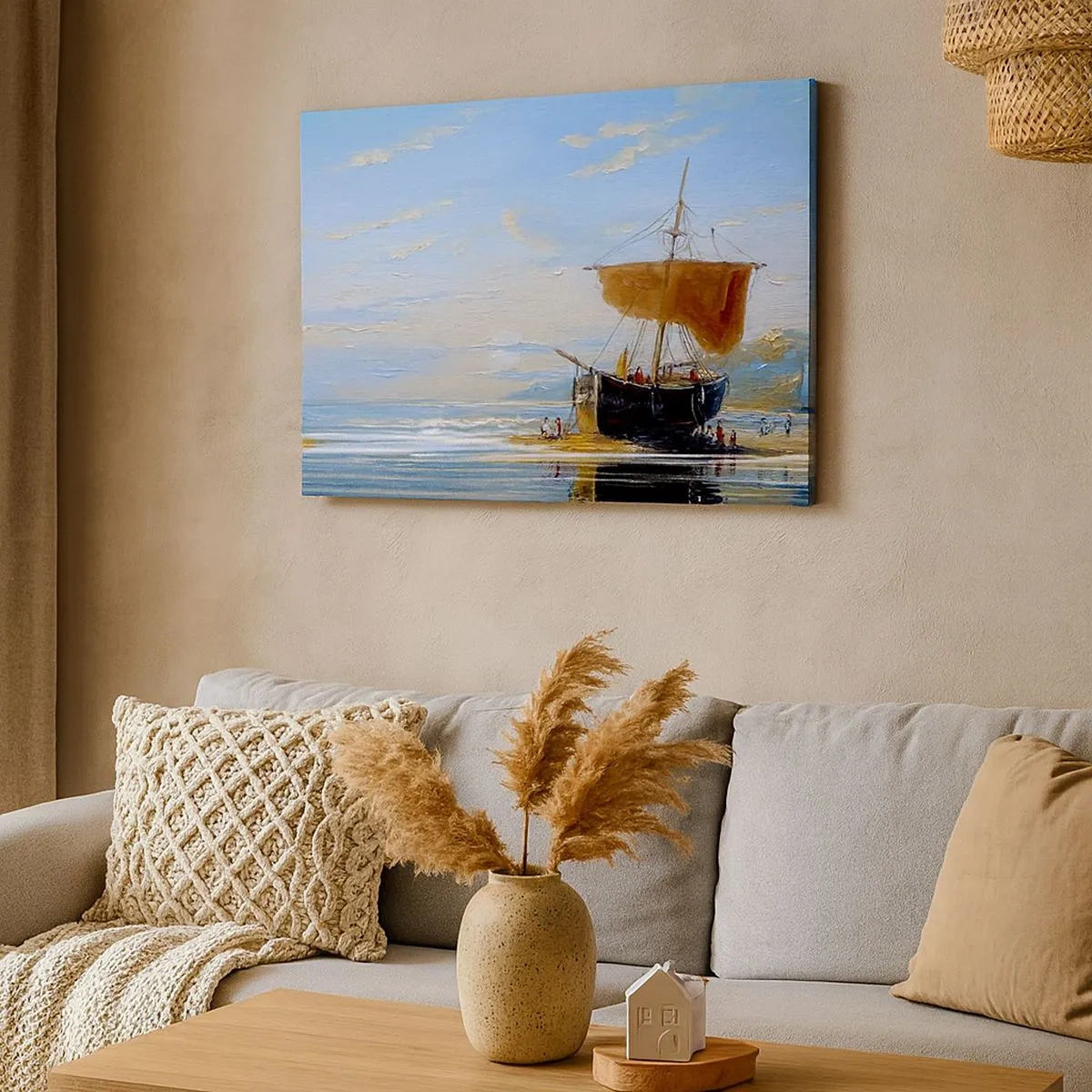 Quadro su tela - Stampe su Tela - Una nave in riva al mare in una giornata di sole - 70x50cm - Acqua, terra, aria - Decorazione murale moderna per soggiorno e camera da letto ARTTOR