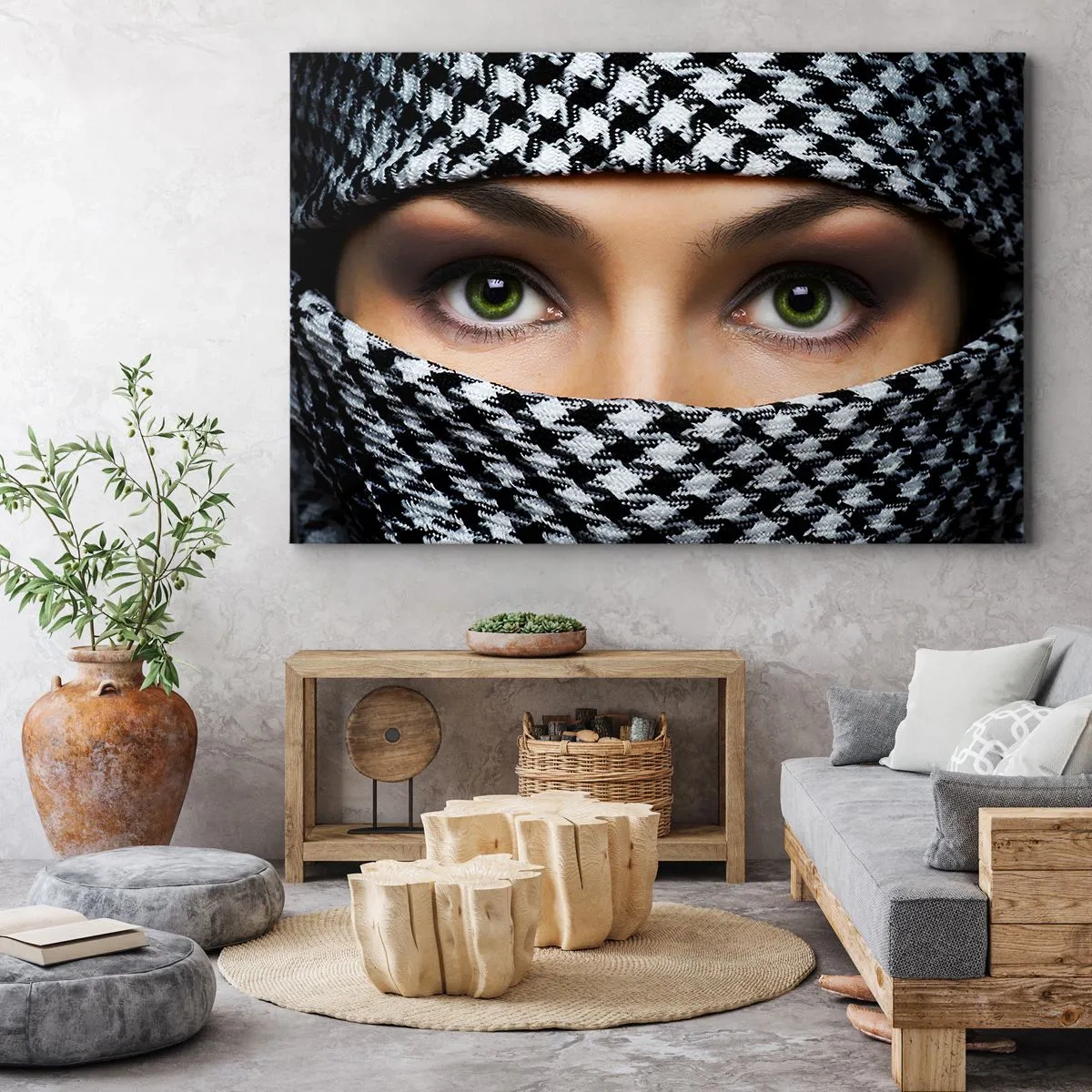 Quadro su tela - Stampe su Tela - Gli occhi verdi di una donna sono nascosti dietro un tessuto a fantasia in bianco e nero. - 100x70cm - Ritratto di bellezza velata con gli occhi verdi - Decorazione murale moderna per soggiorno e camera da letto ARTTOR