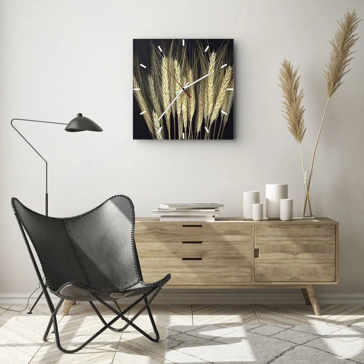 Orologio da parete - Orologio in Vetro - Spighe di grano su sfondo nero in stile rustico - 30x30cm - Magia rustica - Decorazione murale moderna per soggiorno e camera da letto ARTTOR