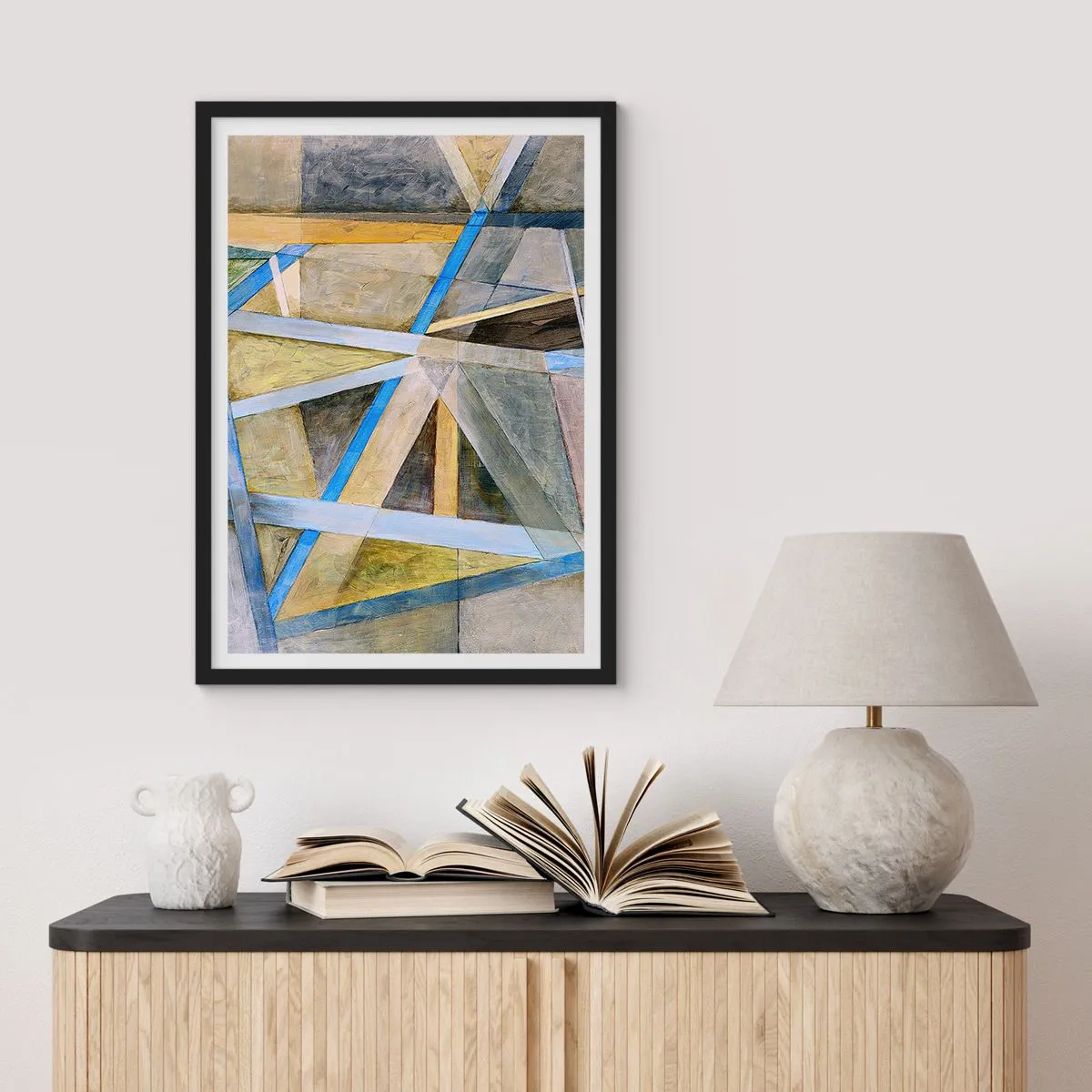 Poster in cornice nera - Astrazione geometrica con sfumature di blu e oro - 50x70cm - Dritto o obliquo? - Decorazione murale moderna per soggiorno e camera da letto ARTTOR