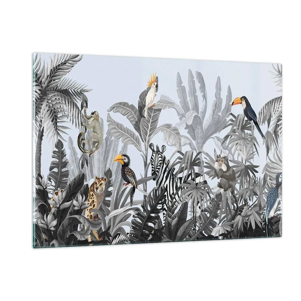 Quadro su vetro - Animali esotici in una giungla in bianco e nero su uno sfondo chiaro - 120x80cm - Favola africana - Decorazione murale moderna per soggiorno e camera da letto ARTTOR