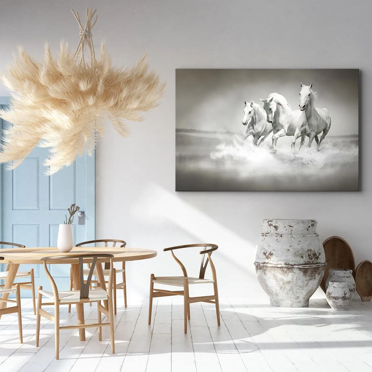 Quadro su tela - Stampe su Tela - Tre cavalli bianchi che galoppano nell'acqua - 70x50cm - Estasi bianca - Decorazione murale moderna per soggiorno e camera da letto ARTTOR