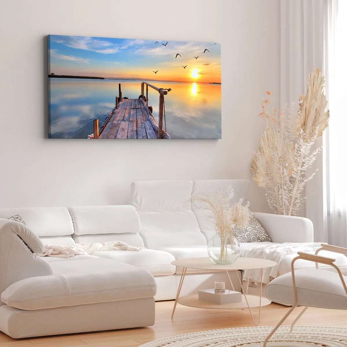 Quadro su tela - Stampe su Tela - Molo di legno al tramonto su un lago calmo - 160x50cm - Camminando verso il sole - Decorazione murale moderna per soggiorno e camera da letto ARTTOR