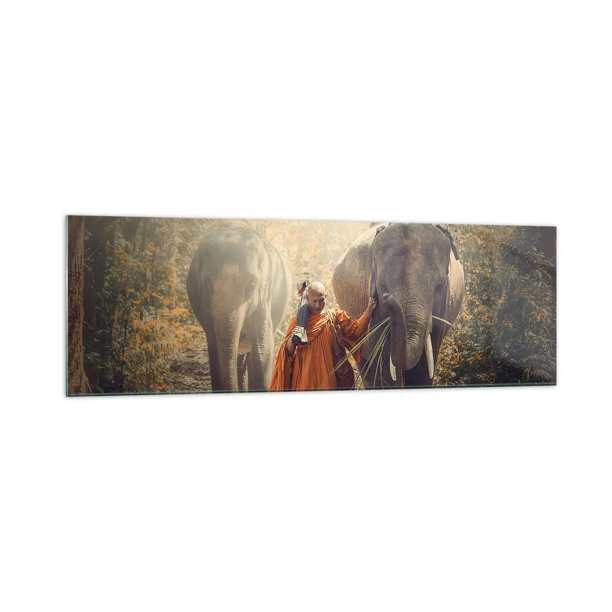 Quadro su vetro - Un monaco con una tunica arancione guida un elefante nella foresta. - 160x50cm - Comprensione perfetta - Decorazione murale moderna per soggiorno e camera da letto ARTTOR