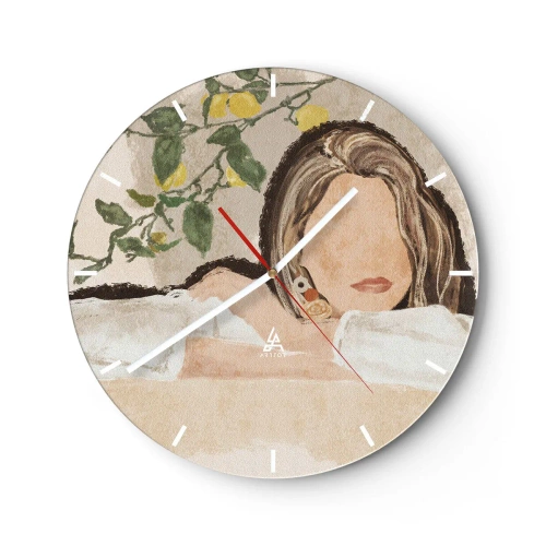 Orologio da parete - Orologio in Vetro - Una donna con i capelli lunghi davanti a un albero di limoni - 30x30cm - Bellezza del sud - Decorazione murale moderna per soggiorno, cucina e camera da letto ARTTOR