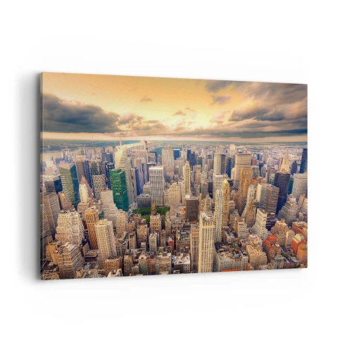 Quadro su tela - Stampe su Tela - Panorama della città con vista sui grattacieli al tramonto - 120x80cm - Metropolis dorata - Decorazione murale moderna per soggiorno e camera da letto ARTTOR