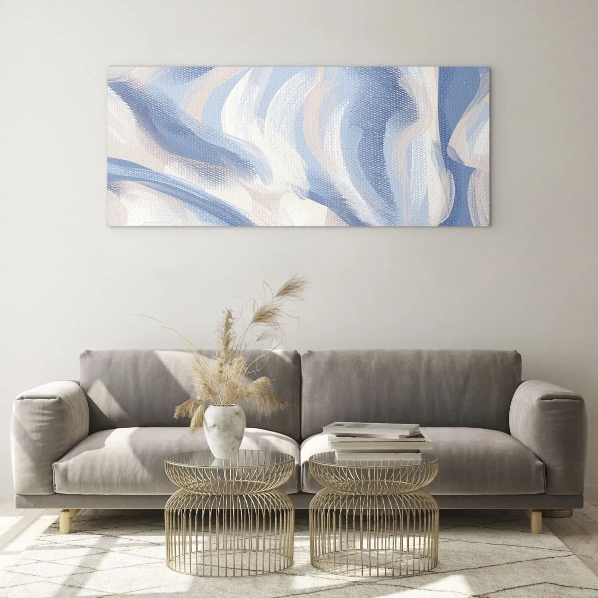Quadro su vetro - Pennellate astratte nei toni del blu e del beige - 160x50cm - Ondulazioni azzurre - Decorazione murale moderna per soggiorno e camera da letto ARTTOR
