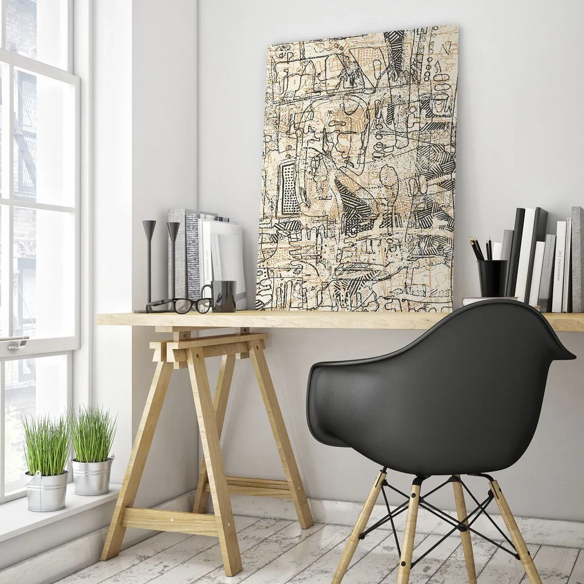 Quadro su vetro - Una struttura astratta complessa con motivi geometrici e abbozzati. - 50x70cm - In attesa di essere decifrato - Decorazione murale moderna per soggiorno e camera da letto ARTTOR