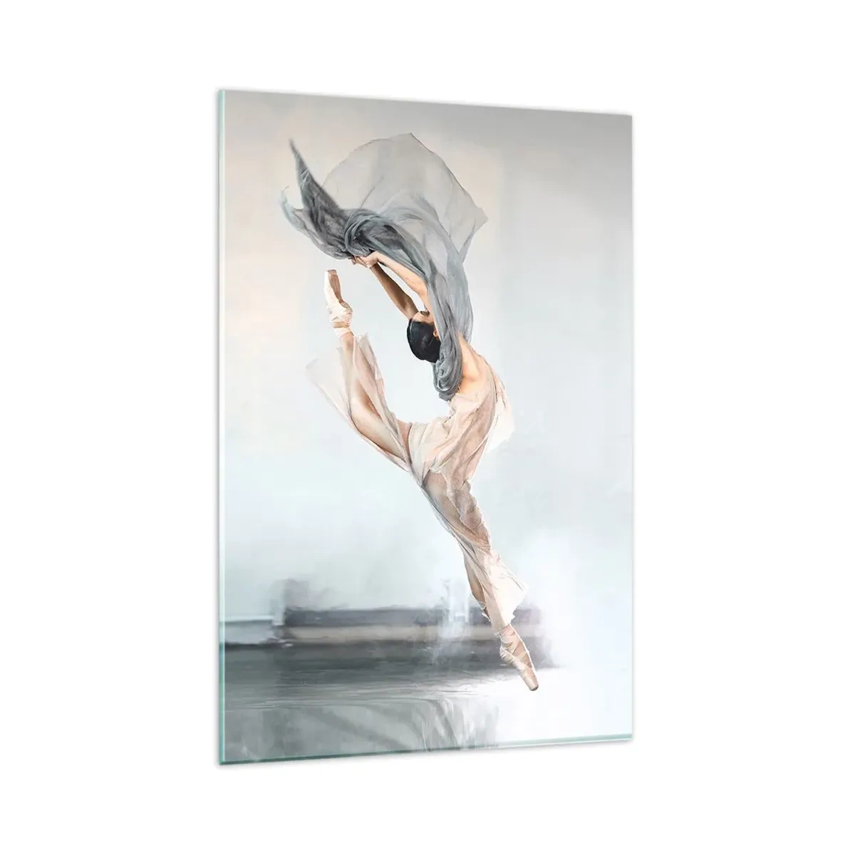 Quadro su vetro - Una ballerina in movimento dinamico su uno sfondo chiaro - 80x120cm - Nell'estasi della danza - Decorazione murale moderna per soggiorno e camera da letto ARTTOR
