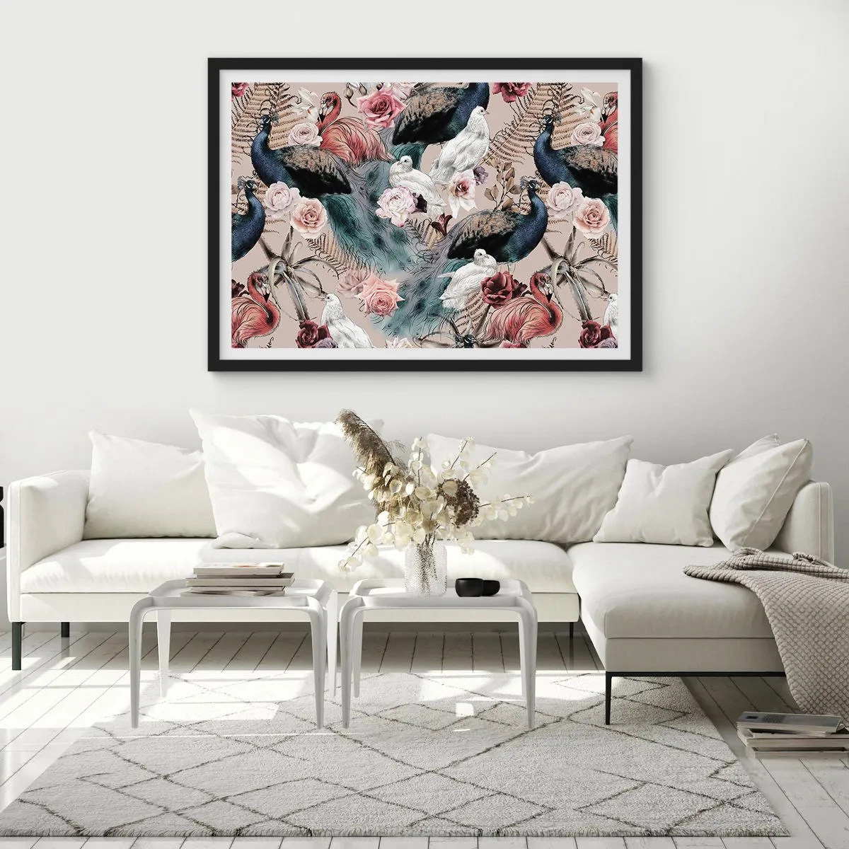 Poster in cornice nera - Un paesaggio con piume di pavone, rose e uccelli in stile romantico. - 70x50cm - Nel giardino del palazzo - Decorazione murale moderna per soggiorno e camera da letto ARTTOR