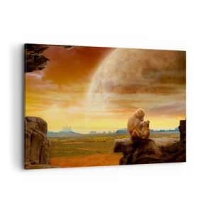 Quadro su tela - Stampe su Tela - Scimmie sedute su una roccia in un paesaggio surreale con un pianeta gigante - 120x80cm - L'amore è ovunque lo stesso - Decorazione murale moderna per soggiorno e camera da letto ARTTOR