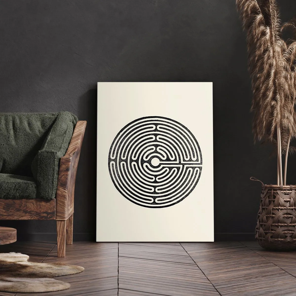 Quadro su tela - Stampe su Tela - Labirinto circolare bianco e nero su sfondo chiaro - 50x70cm - Ordine misterioso - Decorazione murale moderna per soggiorno e camera da letto ARTTOR