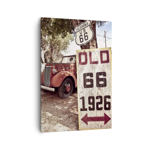 Quadro su tela - Stampe su Tela - Auto retrò e cartello della Route 66 in un ambiente rustico - 70x100cm - La leggenda della provincia americana - Decorazione murale moderna per soggiorno e camera da letto ARTTOR