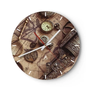 Orologio da parete - Orologio in Vetro - Una mappa stilizzata con bussola, monete e armi decorate. - 30x30cm - La natura chiama - Decorazione murale moderna per soggiorno, cucina e camera da letto ARTTOR