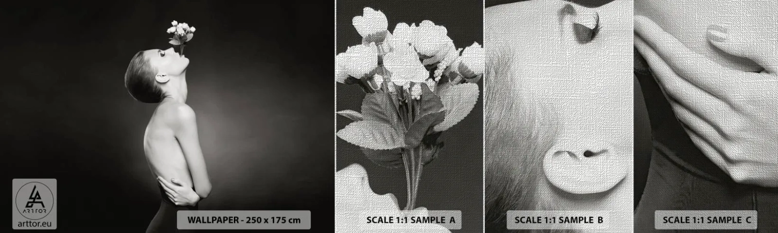 Campione di Fotomurale Premium Canvas - Eleganza eccentrica - Corpo, Fiori, Modello - 100x30 cm