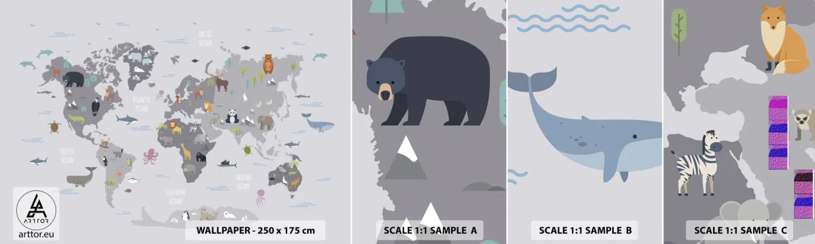 Campione di Fotomurale Adesivo Deluxe Sticker - Dimmi di dove sei... - Mappa del mondo, Animali, Continenti - 100x30 cm