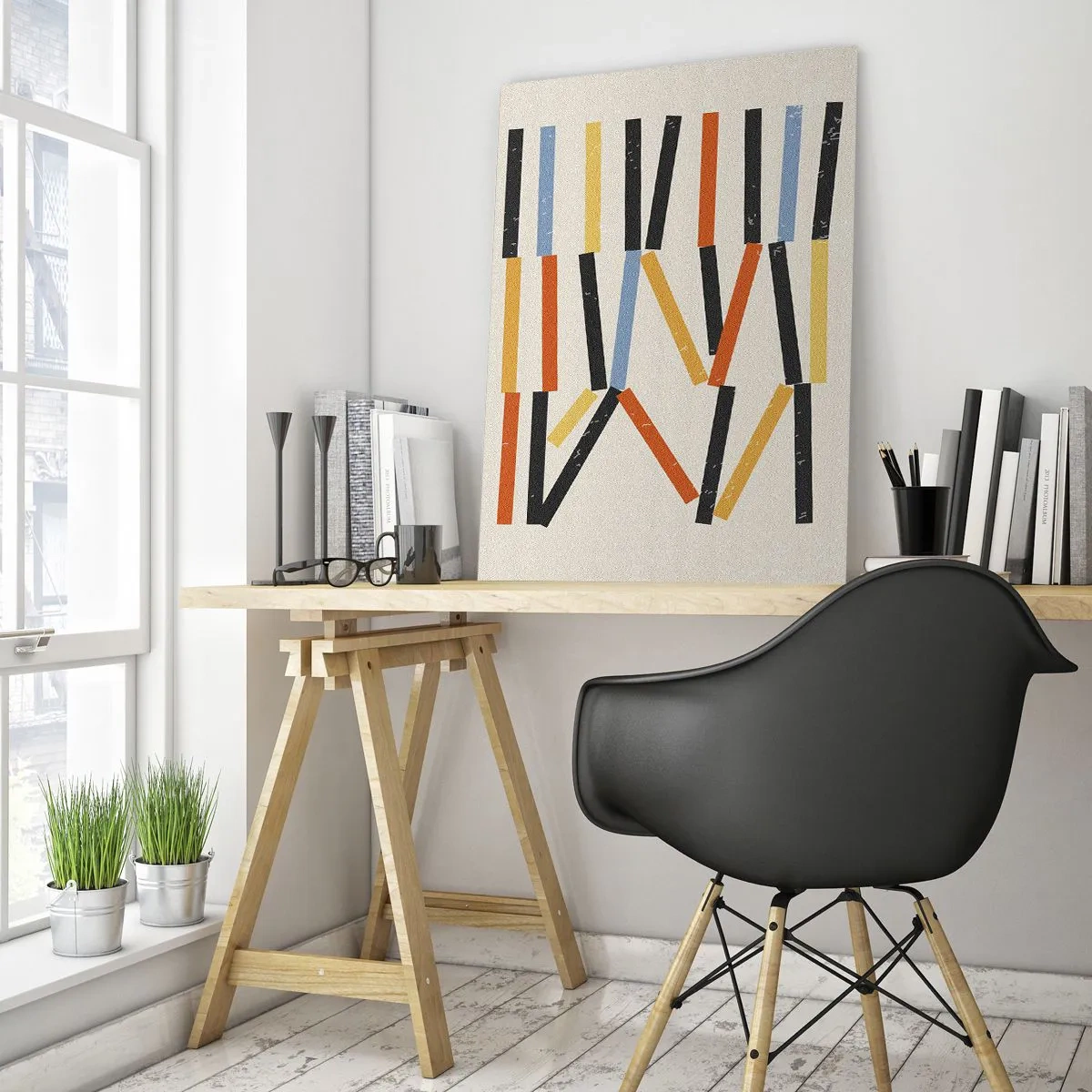 Quadro su vetro - Composizione astratta con rettangoli colorati e neri disposti orizzontalmente - 80x120cm - Composizione orizzontale - Decorazione murale moderna per soggiorno e camera da letto ARTTOR