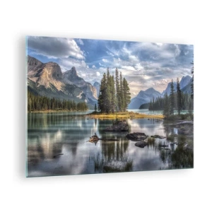 Quadro su vetro - Un lago pittoresco con un'isola e montagne sullo sfondo - 70x50cm - Sulle acque grandi e limpide...  - Decorazione murale moderna per soggiorno e camera da letto ARTTOR