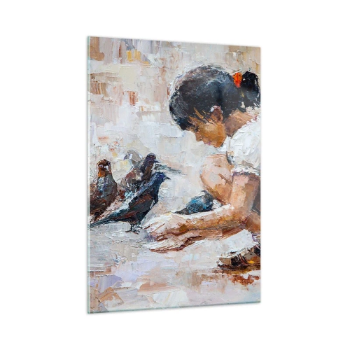 Quadro su vetro - Una ragazza che dà da mangiare agli uccelli su uno sfondo impressionistico - 50x70cm - Piccoli e gentili - Decorazione murale moderna per soggiorno e camera da letto ARTTOR