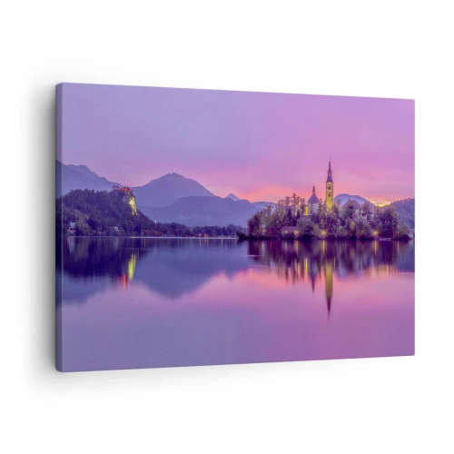 Quadro su tela - Stampe su Tela - Lago con un'isola e una chiesa al tramonto - 70x50cm - Isola favolosa al crepuscolo - Decorazione murale moderna per soggiorno e camera da letto ARTTOR