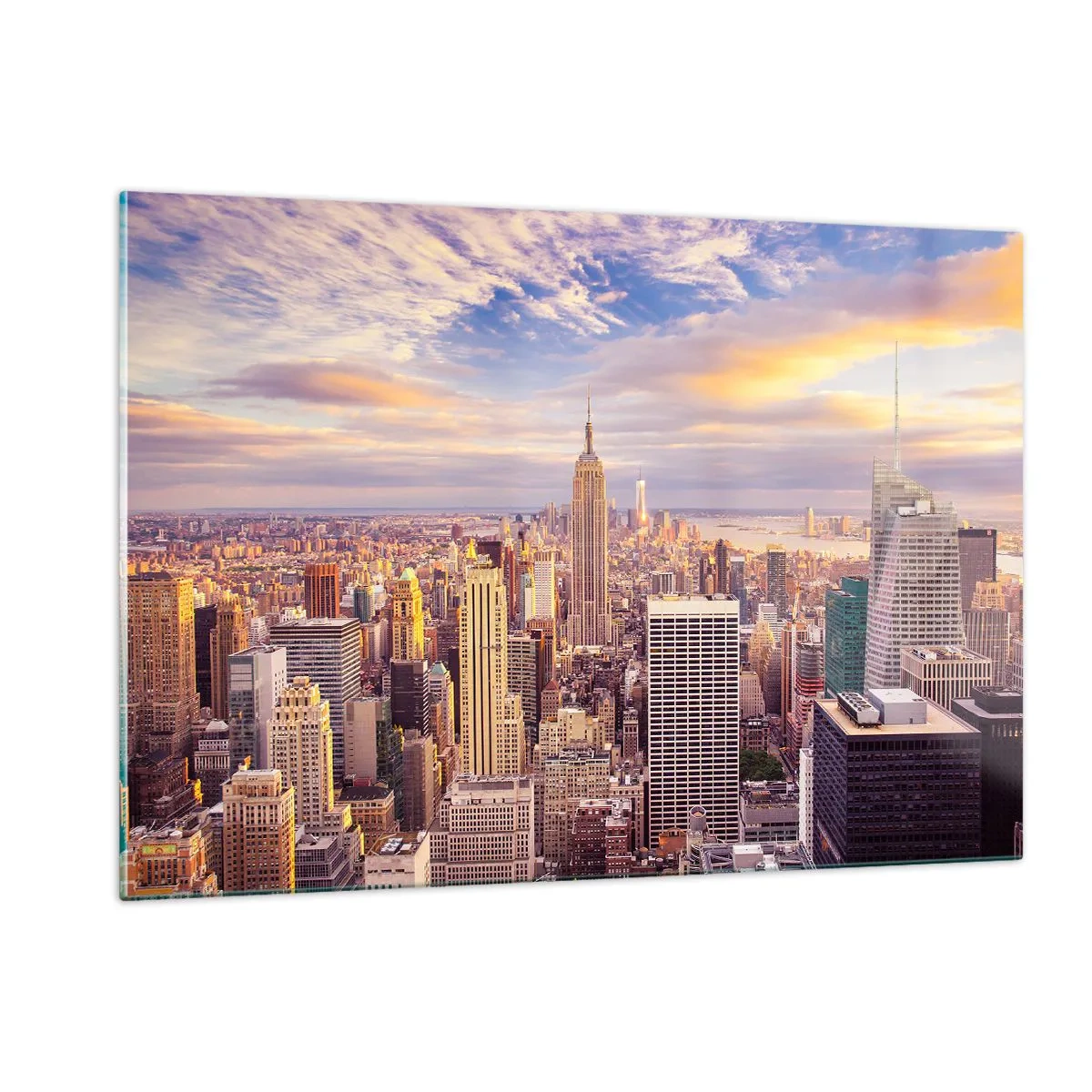 Quadro su vetro - Panorama della città con grattacieli al tramonto - 120x80cm - Toccando le nuvole - Decorazione murale moderna per soggiorno e camera da letto ARTTOR