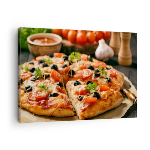 Quadro su tela - Stampe su Tela - Pizza con pomodori, olive ed erbe fresche sul tavolo - 70x50cm - Te la sei nuovamente cavata - Decorazione murale moderna per soggiorno e camera da letto ARTTOR