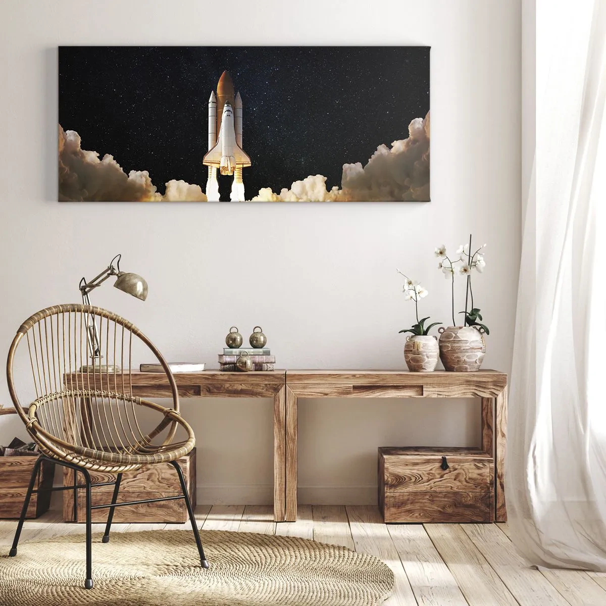 Quadro su tela - Stampe su Tela - Un razzo spaziale che decolla contro il cielo stellato - 140x50cm - Ad astra! - Decorazione murale moderna per soggiorno e camera da letto ARTTOR