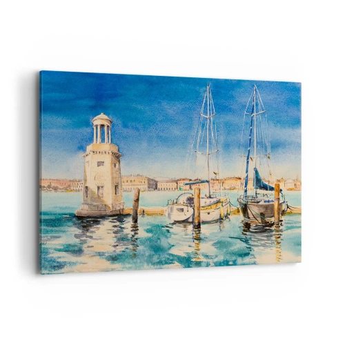 Quadro su tela - Stampe su Tela - Marina con barche sullo sfondo di una laguna blu - 120x80cm - La laguna assolata - Decorazione murale moderna per soggiorno e camera da letto ARTTOR