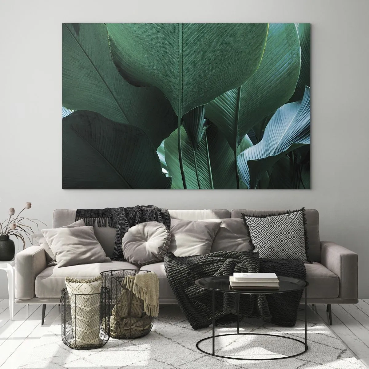 Quadro su vetro - Foglie tropicali in intense tonalità di verde - 70x50cm - Verso la luce - Decorazione murale moderna per soggiorno e camera da letto ARTTOR