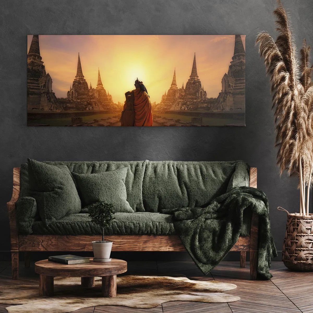 Quadro su tela - Stampe su Tela - Un monaco tra i templi al tramonto - 120x50cm - In pace per l'eternità - Decorazione murale moderna per soggiorno e camera da letto ARTTOR