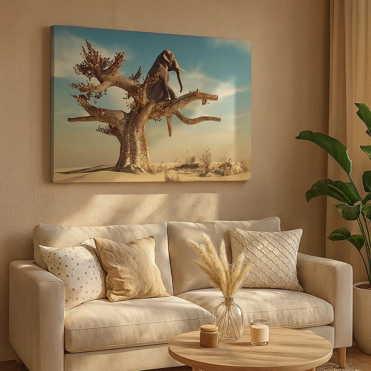 Quadro su tela - Stampe su Tela - Un elefante seduto su un albero in un paesaggio surreale - 70x50cm - Nuovo punto di vista - Decorazione murale moderna per soggiorno e camera da letto ARTTOR