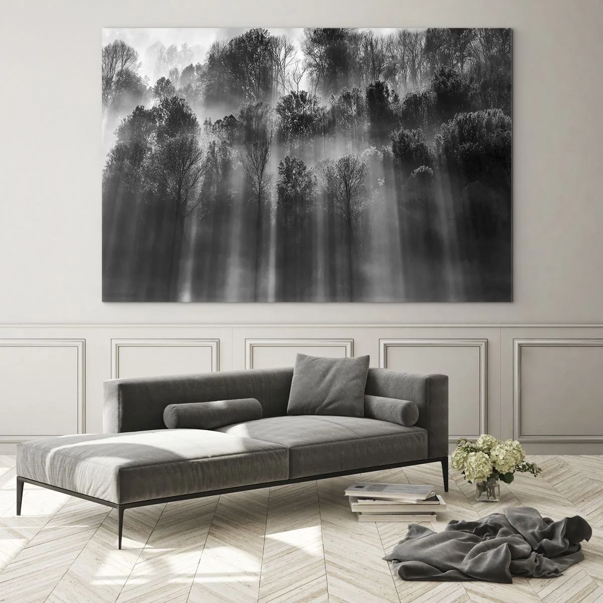 Quadro su vetro - Raggi di luce bianchi e neri che penetrano nella foresta - 120x80cm - Nei getti di luce - Decorazione murale moderna per soggiorno e camera da letto ARTTOR