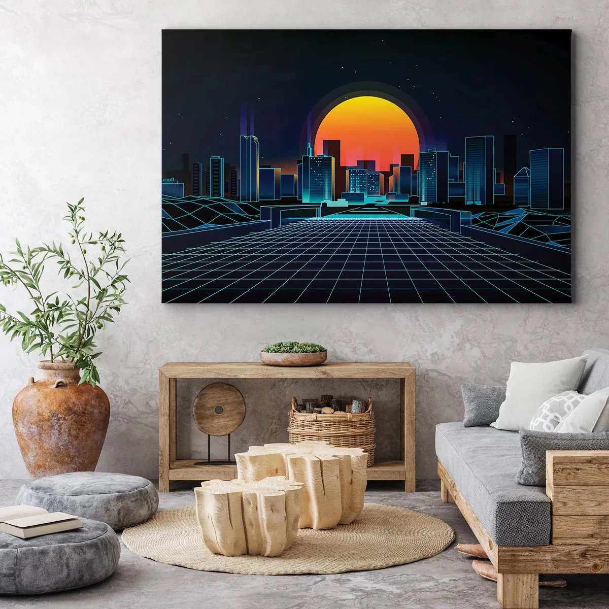Quadro su tela - Stampe su Tela - Skyline futuristico della città in stile neon - 70x50cm - Davvero vuoi tornare al mondo reale? - Decorazione murale moderna per soggiorno e camera da letto ARTTOR
