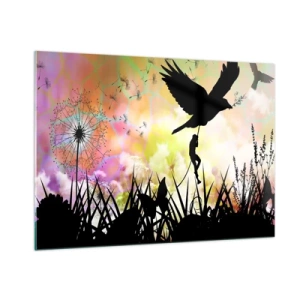 Quadro su vetro - Illustrazione di una figura che si arrampica su un uccello su uno sfondo di fiori colorati. - 100x70cm - Nell'atmosfera delle favole - Decorazione murale moderna per soggiorno e camera da letto ARTTOR
