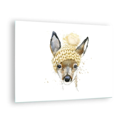 Quadro su vetro - Un capriolo con un cappello di lana con un pompon - 70x50cm - L'inverno nel bosco innevato - Decorazione murale moderna per soggiorno e camera da letto ARTTOR