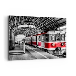 Quadro su tela - Stampe su Tela - Trenino rosso alla stazione sotto un tetto - 100x70cm - Sarà il viaggio della propria vita? - Decorazione murale moderna per soggiorno e camera da letto ARTTOR