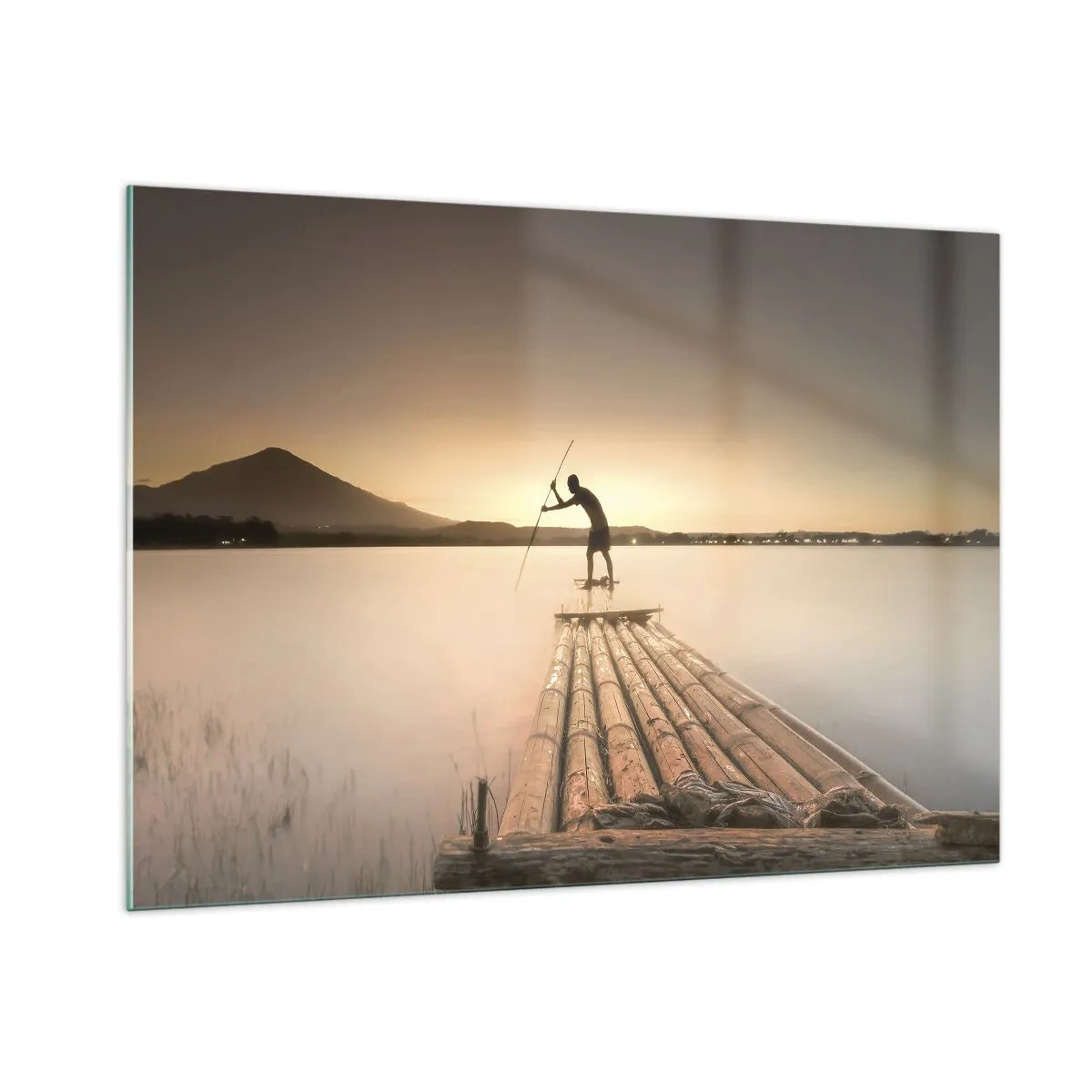 Quadro su vetro - Un pescatore su una zattera di bambù al tramonto - 100x70cm - Prima del riposo - Decorazione murale moderna per soggiorno e camera da letto ARTTOR
