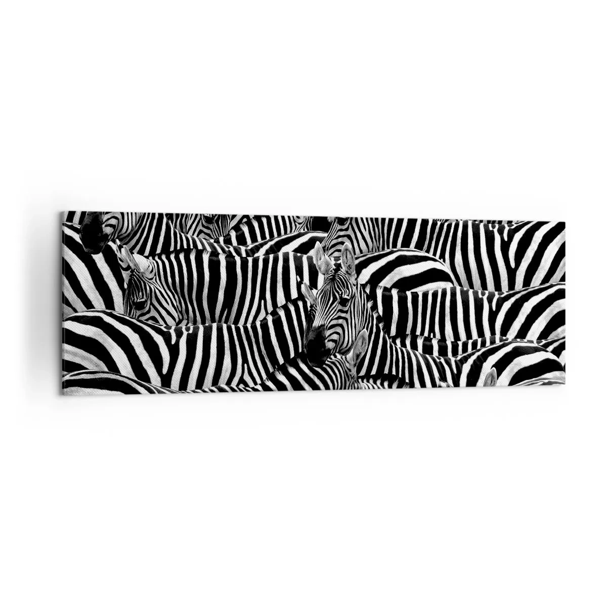 Quadro su tela - Stampe su Tela - Un gruppo di zebre con strisce bianche e nere che creano un motivo di simmetria. - 160x50cm - Ritratto collettivo a strisce - Decorazione murale moderna per soggiorno e camera da letto ARTTOR