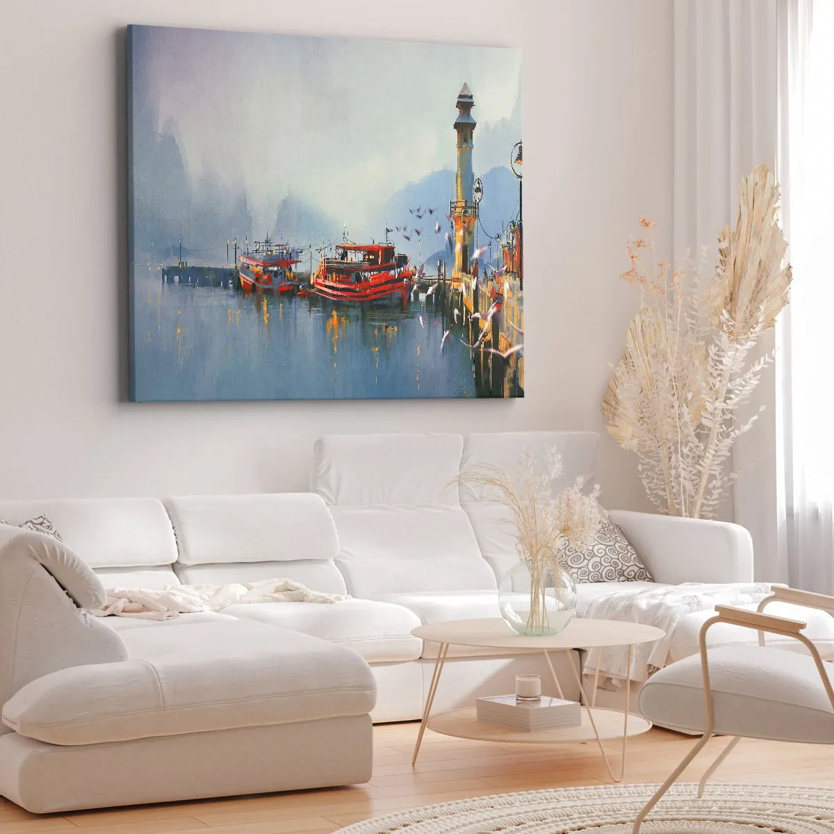 Quadro su tela - Stampe su Tela - Un porto con barche rosse circondato da un paesaggio nebbioso - 70x50cm - Alla fine del mondo - Decorazione murale moderna per soggiorno e camera da letto ARTTOR
