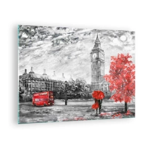 Quadro su vetro - Il Big Ben con un autobus rosso e un ombrello sullo sfondo di alberi autunnali - 70x50cm - Un giorno eccitante - Decorazione murale moderna per soggiorno e camera da letto ARTTOR