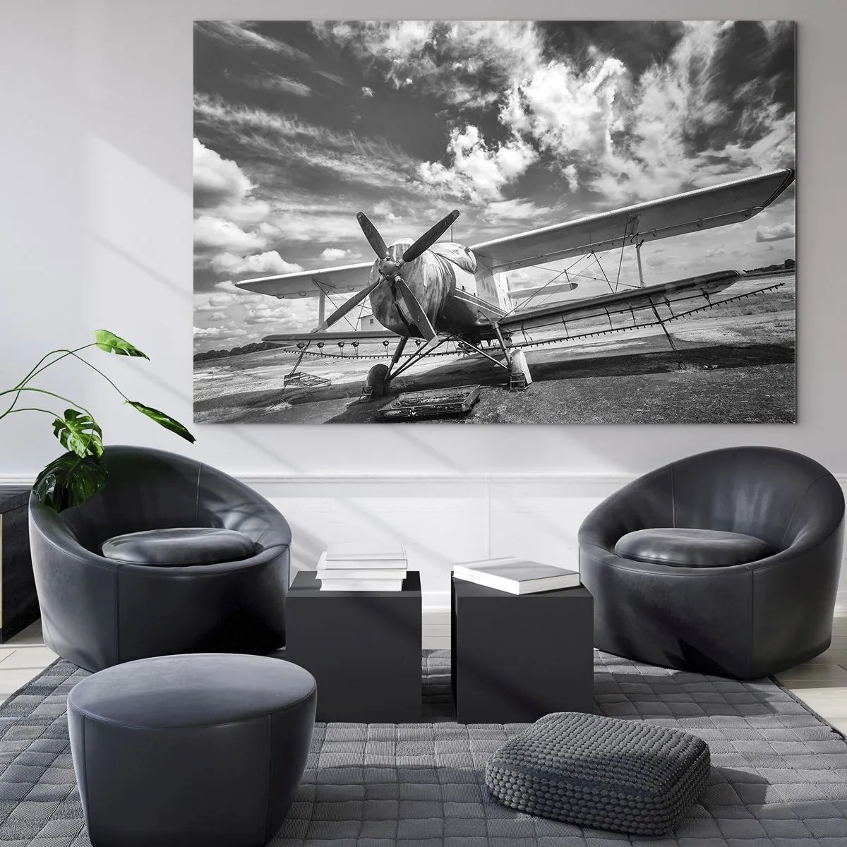 Quadro su vetro - Foto in bianco e nero di un biplano classico - 120x80cm - Non vedo l'ora! - Decorazione murale moderna per soggiorno e camera da letto ARTTOR