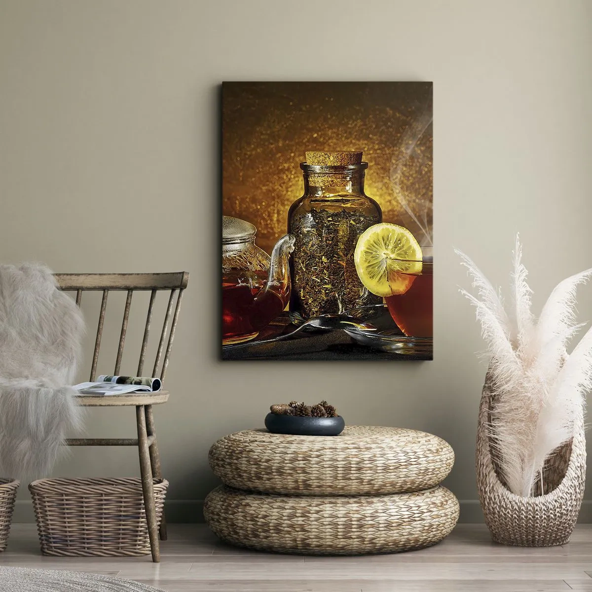Quadro su tela - Stampe su Tela - Tè in una brocca di vetro con limone e tè sfuso - 50x70cm - Nello stile dei maestri olandesi - Decorazione murale moderna per soggiorno e camera da letto ARTTOR