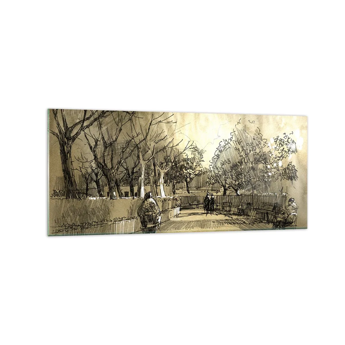 Quadro su vetro - Una scena di cartone animato di un parco con persone che camminano in toni caldi. - 120x50cm - Attimo fermato con la penna - Decorazione murale moderna per soggiorno e camera da letto ARTTOR