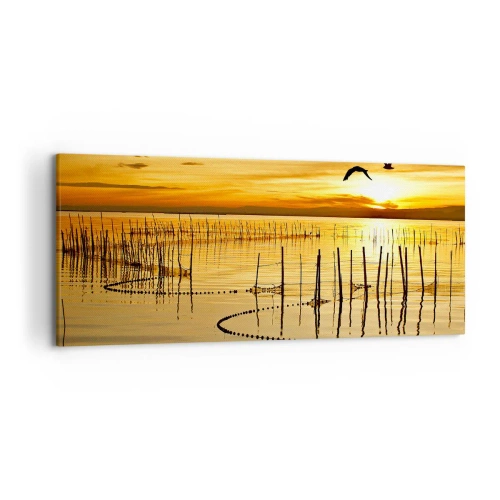 Quadro su tela - Stampe su Tela - Tramonto sull'acqua con uccelli in volo - 120x50cm - Alla pesca - Decorazione murale moderna per soggiorno e camera da letto ARTTOR