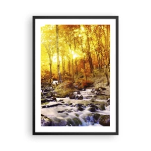 Poster in cornice nera - Foresta autunnale con un ruscello impetuoso alla luce del sole al tramonto - 50x70cm - Pietre incorniciate in oro e platino - Decorazione murale moderna per soggiorno e camera da letto ARTTOR